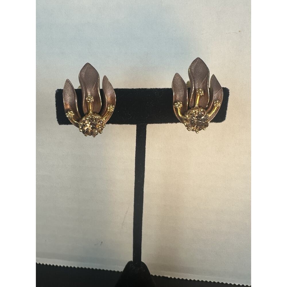Vintage Earrings Victorian Flower Rhinestone Brown Art Deco Elegant Clip On